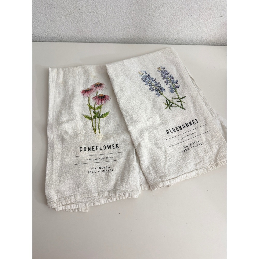 Magnolia Seed + Supply Botanical Tea Towels Bluebonnet Coneflower White Cotton